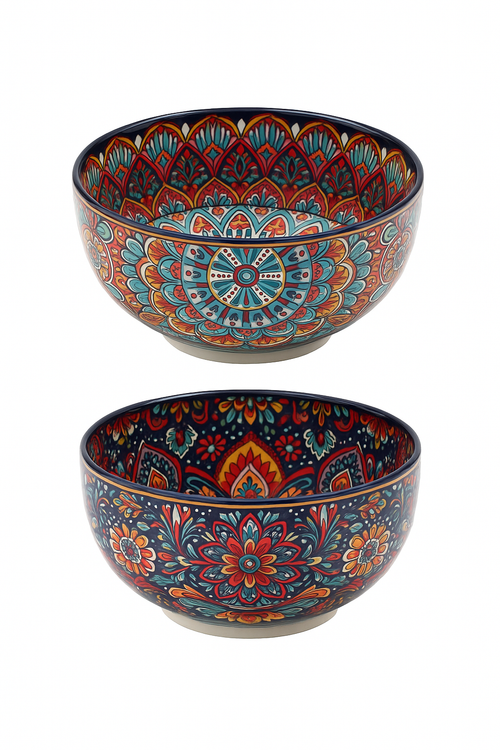 Bol ceramique vintage peint main motifs ethniques polyvalent - vue 3 sur 2