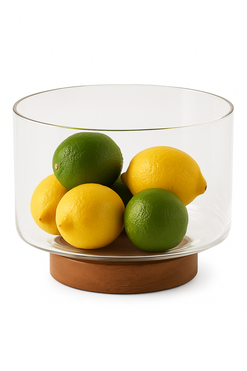Bol fruits verre base bois design moderne salon - vue 2 sur 2