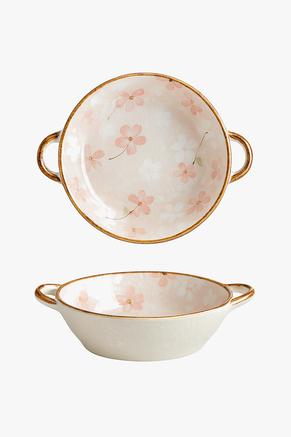 Japanese ceramic bowl with handle and floral design, microwave safe