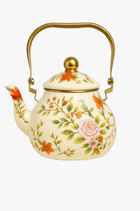 Vintage enamel kettle with floral motif and golden handle 1.5l