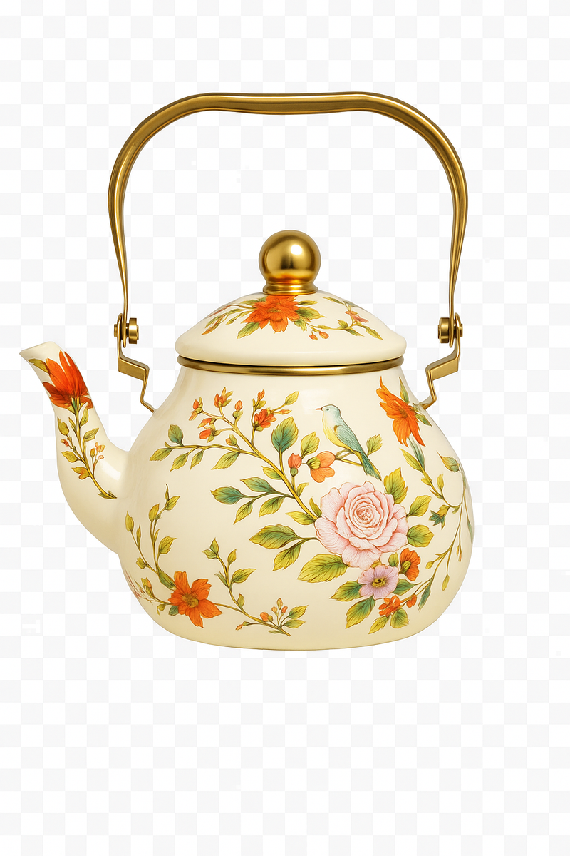 Bouilloire émail vintage motif floral poignée dorée 15l