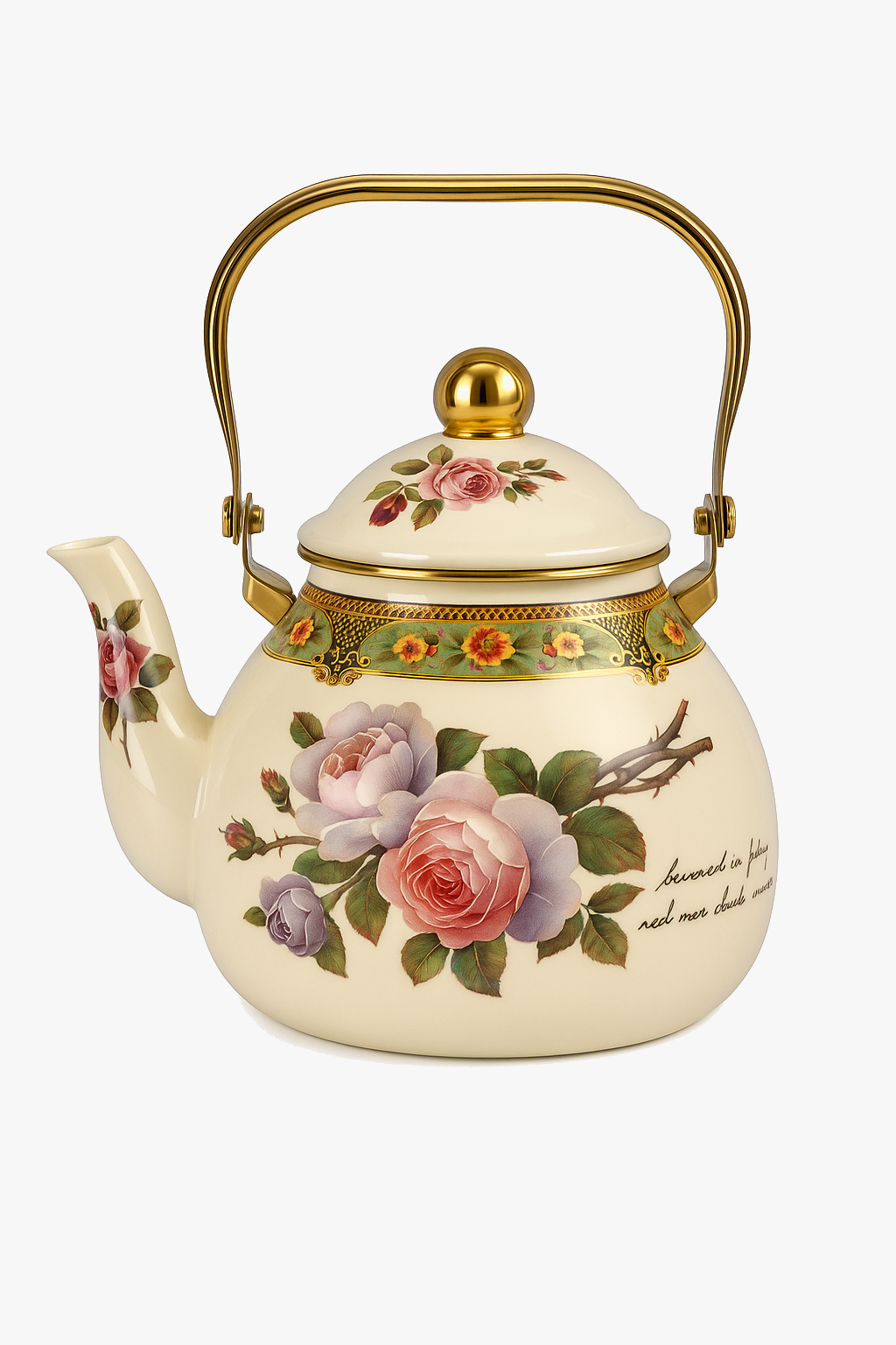 Vintage enamel kettle with floral pattern and golden handle 1.5l