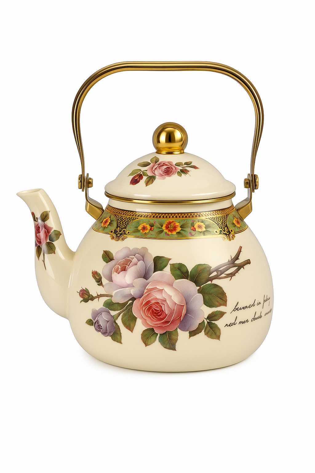 Bouilloire vintage email motif fleuri poignée dorée 15l - vue 2 sur 2