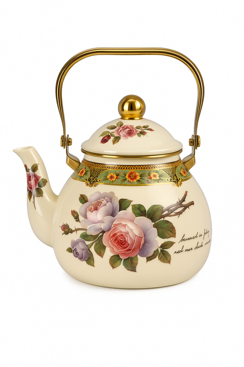 Bouilloire vintage email motif fleuri poignée dorée 15l - vue 3 sur 2