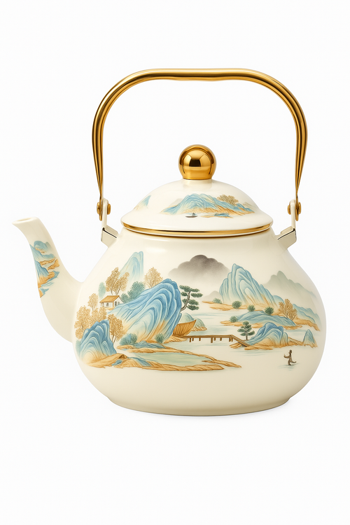 bouilloire vintage émaillée motif floral poignée dorée cuisine