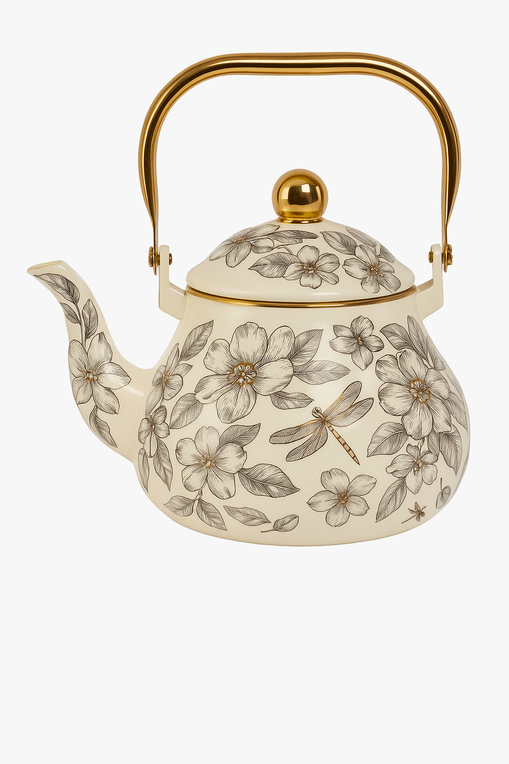 Vintage enamel kettle with floral pattern and golden handle