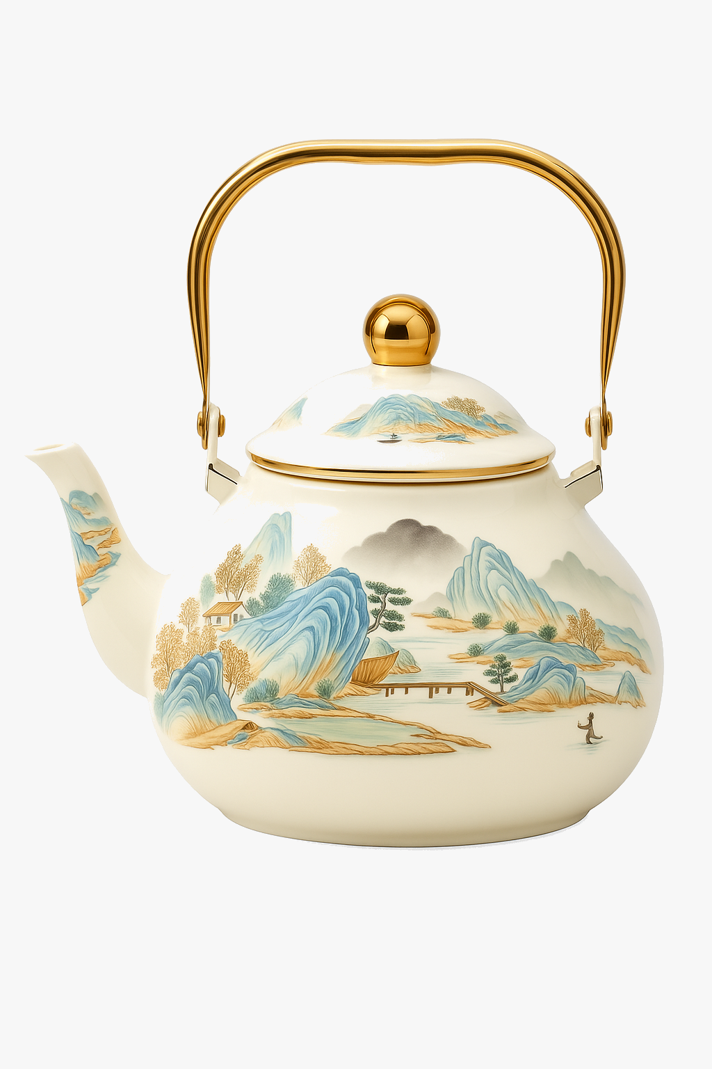 Vintage enamelled kettle with floral design and golden handle