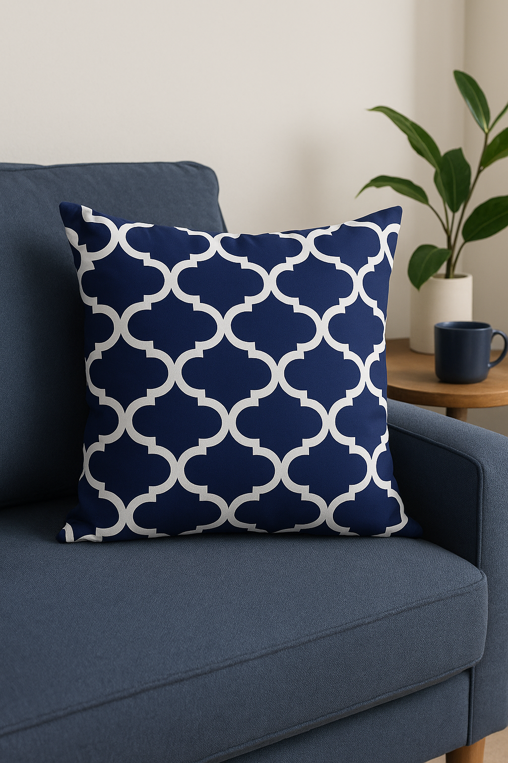 coussin bleu marine géométrique pour canapé ou décoration