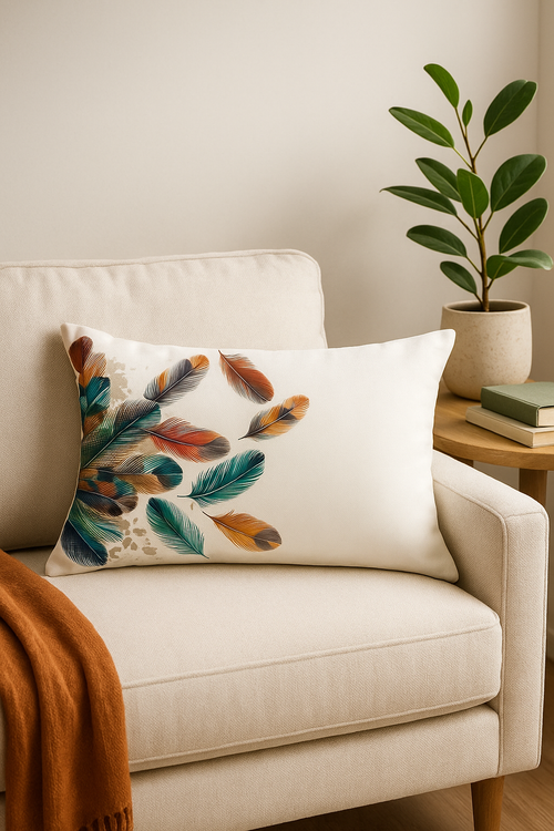 coussin décoratif rectangulaire motif plumes 30 x 50 cm - vue 2 sur 2