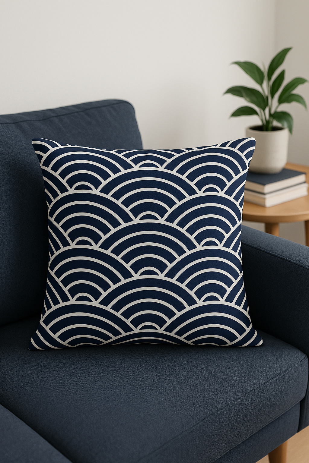 coussin géométrique bleu marine pour canapé élégant
