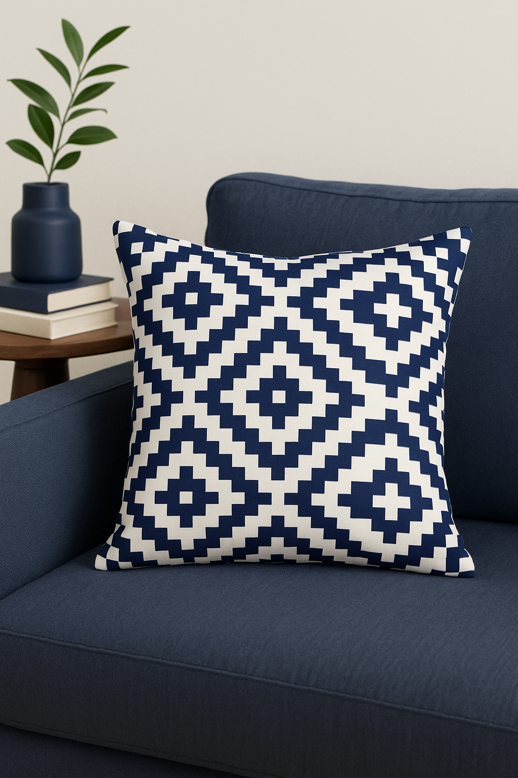 coussin géométrique bleu marine pour décoration intérieure