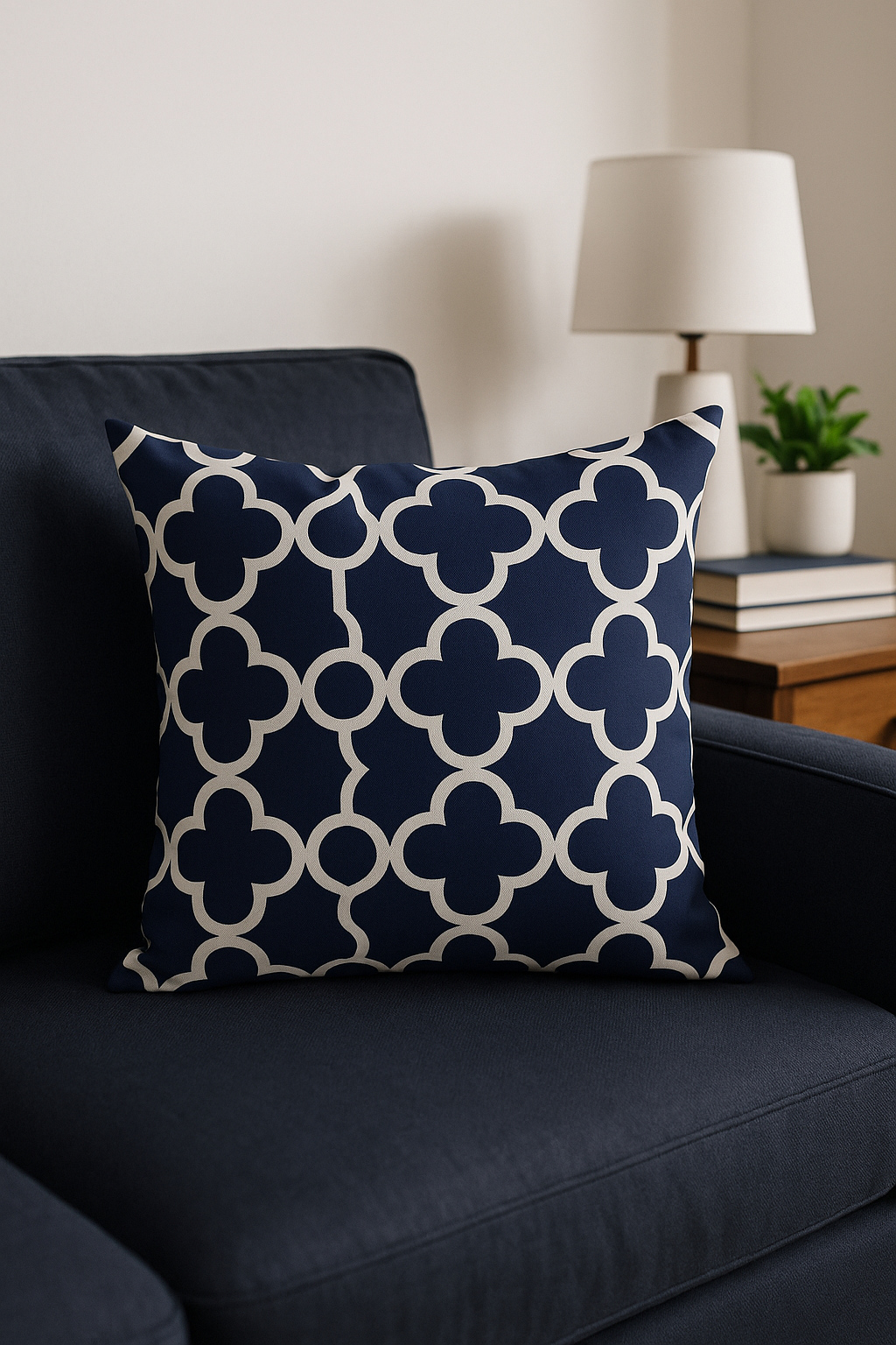coussin géométrique bleu marine pour un décor moderne
