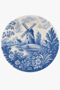 Vintage ceramic wall art with windmill and countryside scene