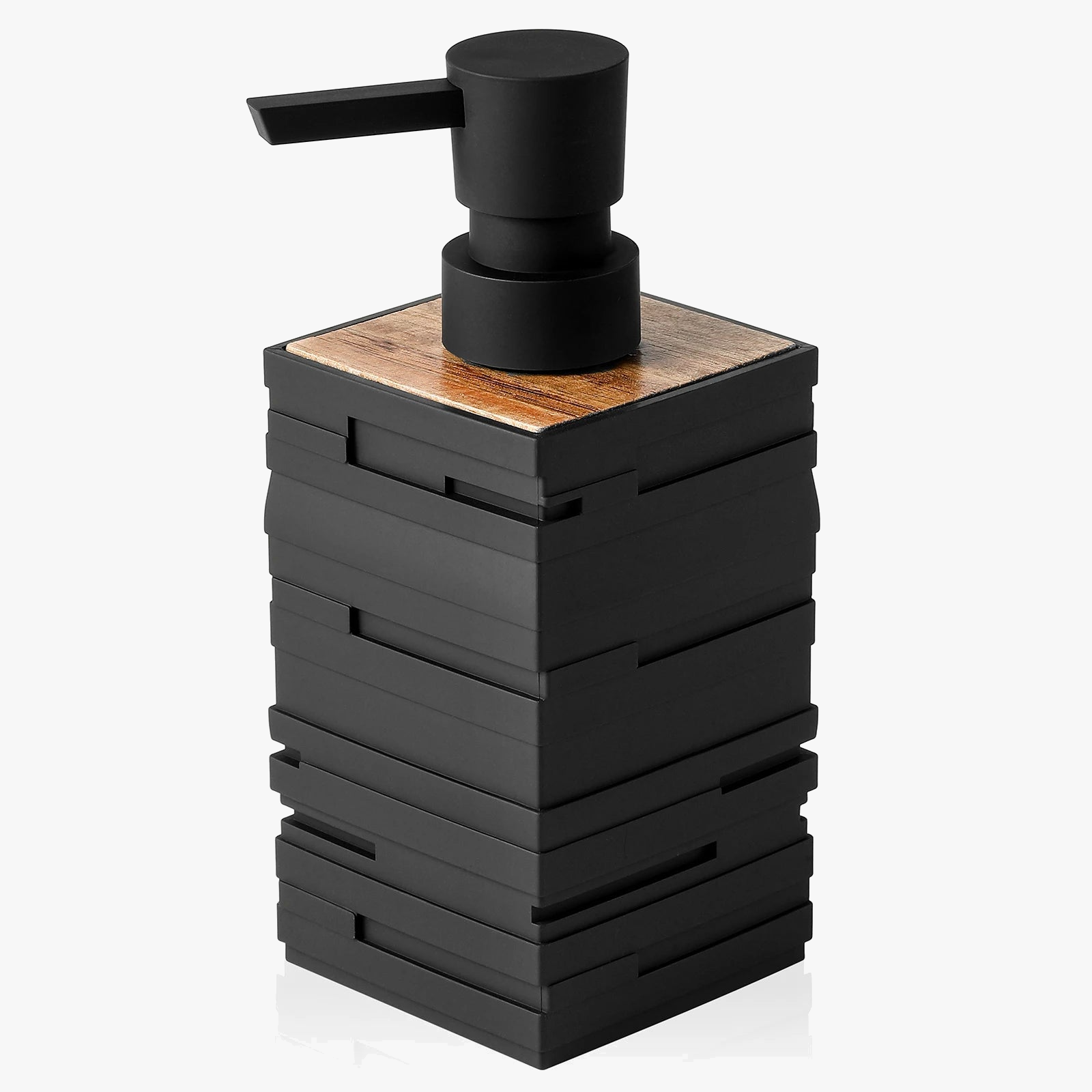 distributeur de savon noir mat avec décor en bois de teck grande capacité