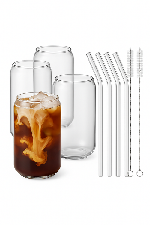 Ensemble 4 verres canette pailles verre goupillons