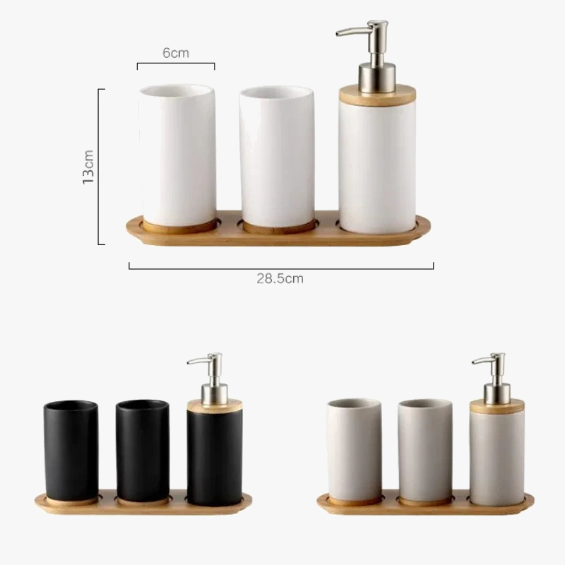 ensemble d'accessoires de salle de bain en céramique et bambou