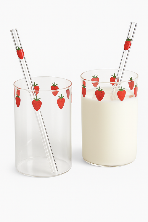 Gobelet verre paille motif fraise resistant chaleur 300ml