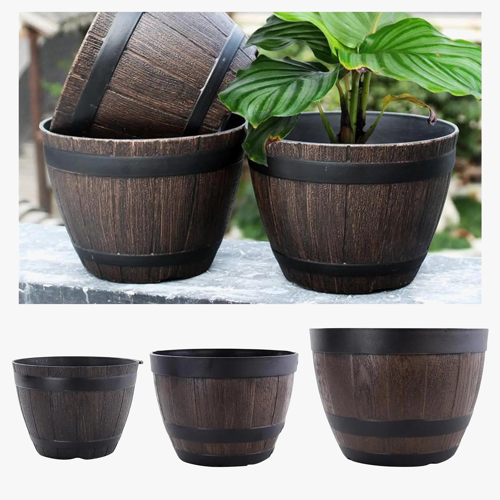 grand pot de fleurs tonneau en résine résistant pour intérieur extérieur