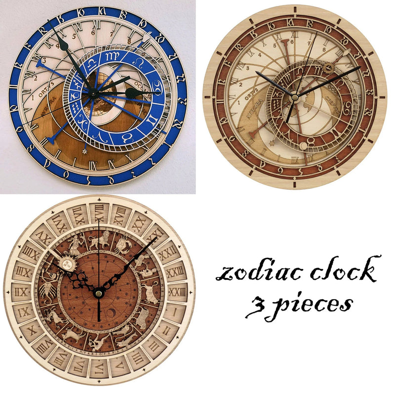 horloge en bois avec signes du zodiaque et constellations art déco