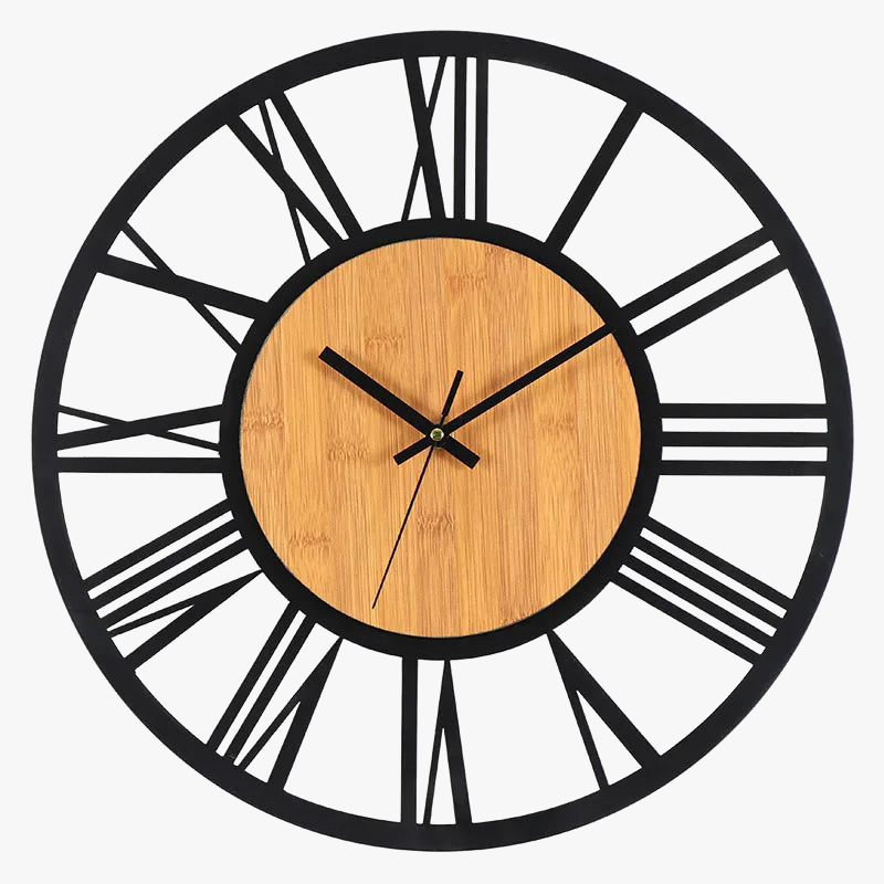 horloge murale 3D rétro avec chiffres romains en bois et métal