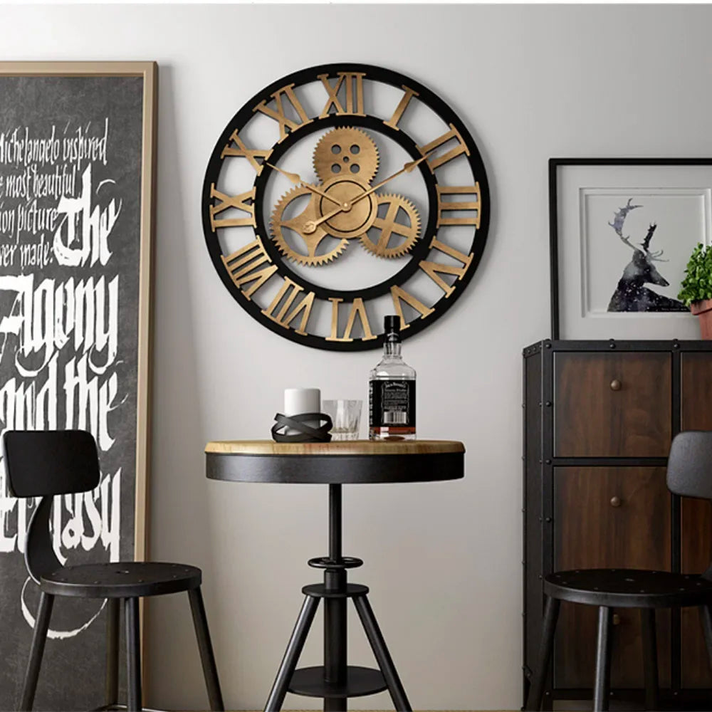 horloge murale moderne à engrenages en bois vintage silencieuse