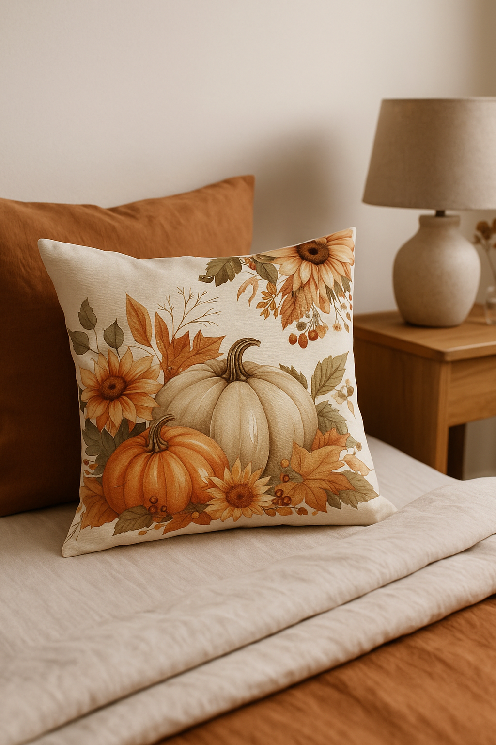 housse de coussin automnal avec écureuil et citrouille décorative - vue 3 sur 2