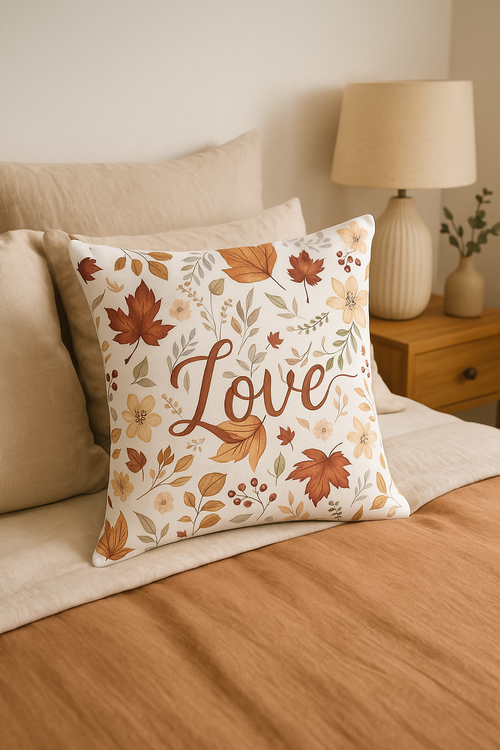 housse de coussin automnal motif love and home décoratif