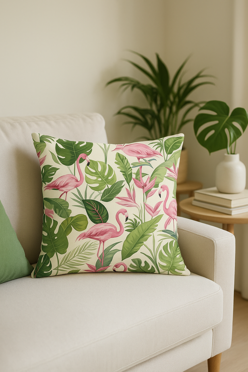 housse de coussin carrée motif flamant rose décoratif et coloré