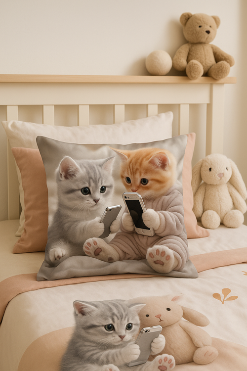 housse de coussin chatons mignons avec smartphones décorative - vue 2 sur 2