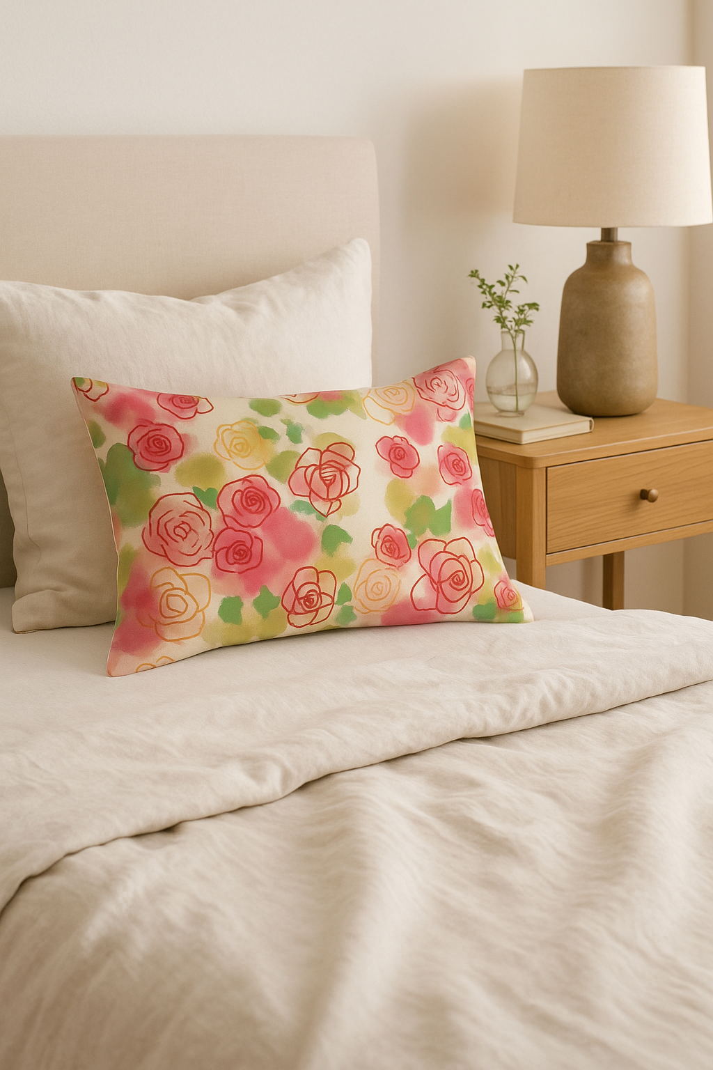 housse de coussin décorative à motif fleurs rouges et arc-en-ciel - vue 2 sur 2