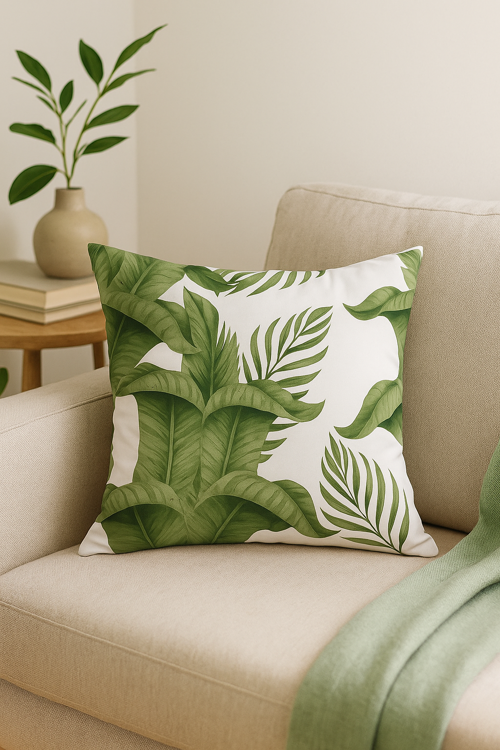 housse de coussin décorative à motifs de feuilles vertes - vue 3 sur 2