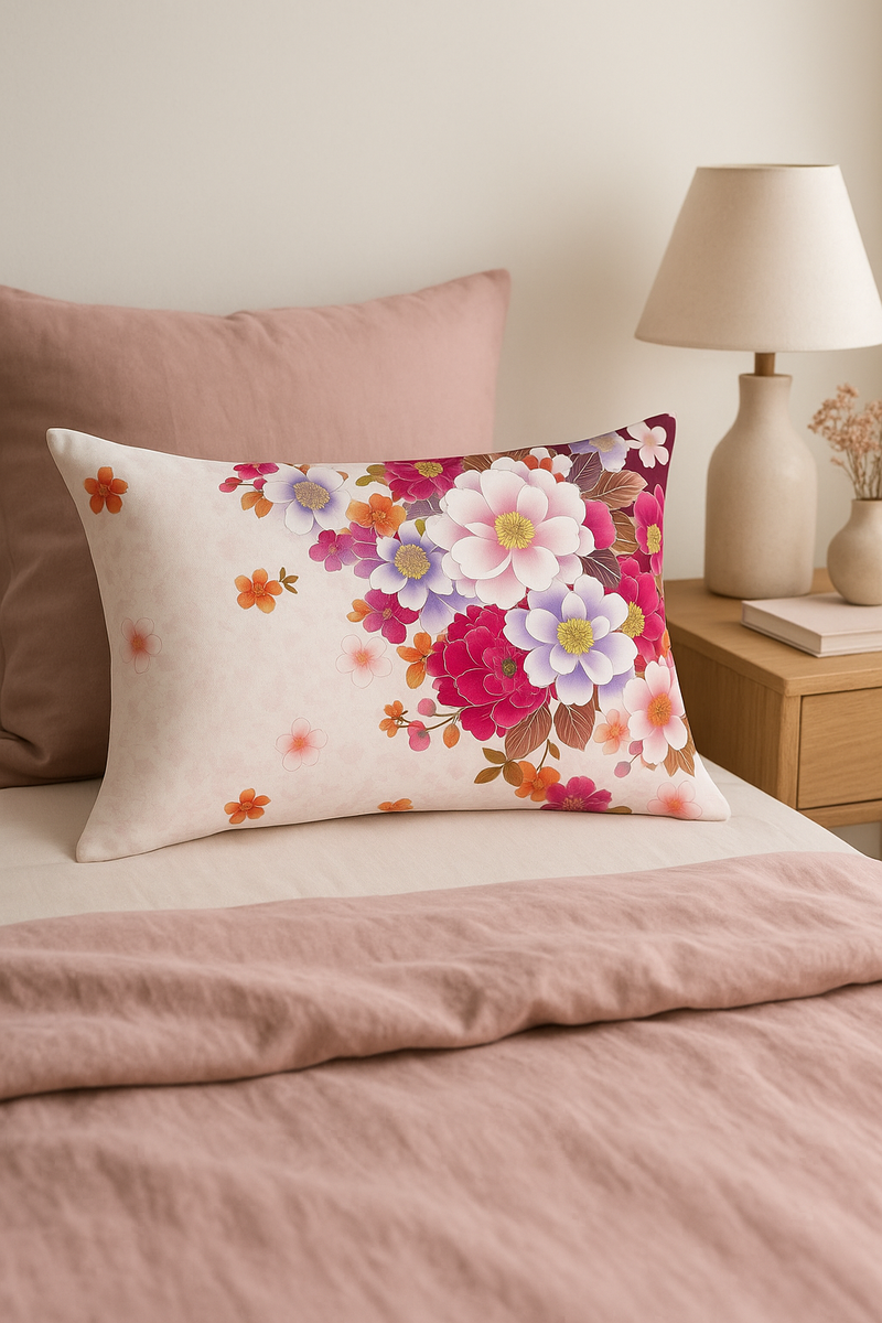 housse de coussin décorative arc-en-ciel fleurs rouges et roses