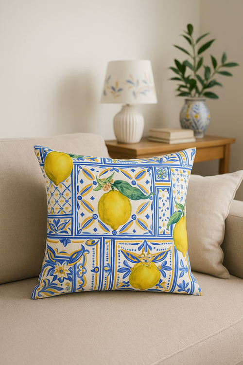 housse de coussin décorative fruits d'été citron orange fraise pastèque - vue 2 sur 2