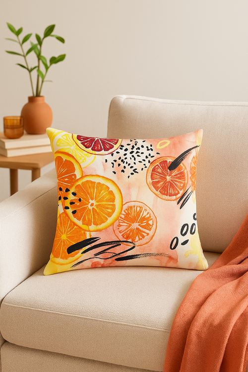 housse de coussin décorative fruits d'été citron orange fraise pastèque - vue 2 sur 2