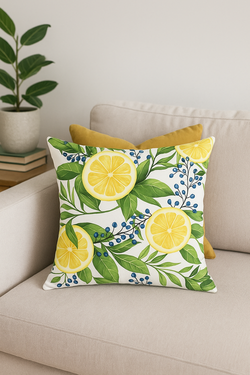 housse de coussin décorative fruits d'été citron orange pastèque fraise - vue 2 sur 2
