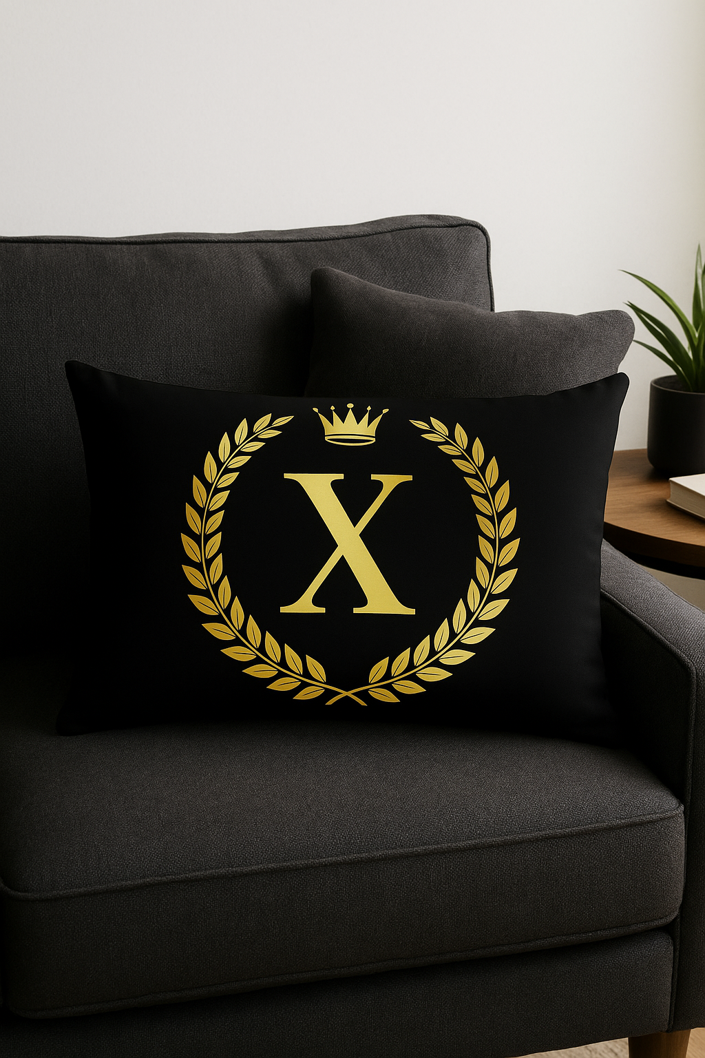 housse de coussin décorative lettres noires et dorées