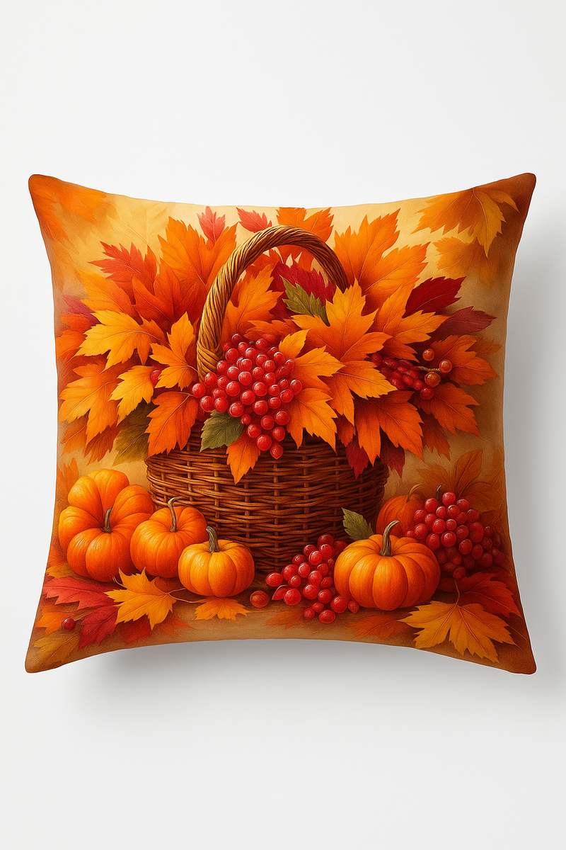 housse de coussin décorative motif feuilles d'automne et panier