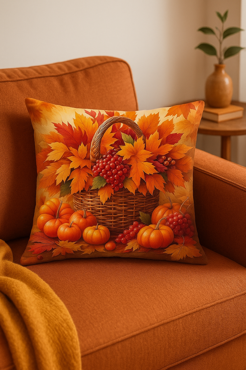 housse de coussin décorative motif feuilles d'automne et panier
