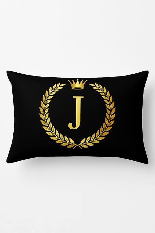 housse de coussin décorative motif lettres noires et dorées
