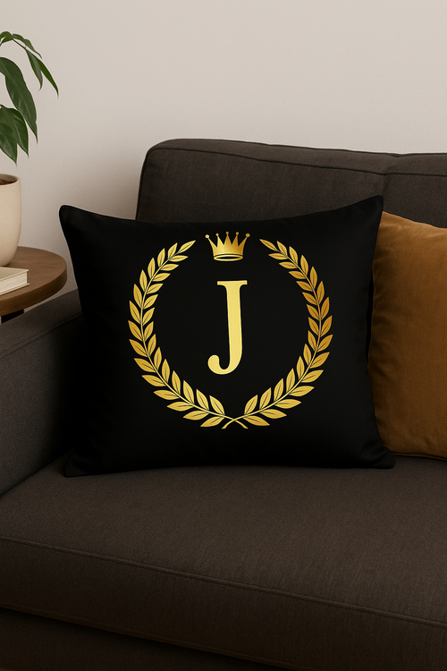 housse de coussin décorative motif lettres noires et dorées