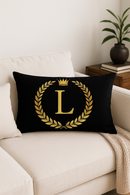 housse de coussin décorative motif lettres noires et dorées