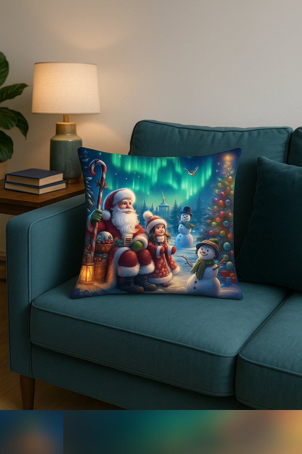 housse de coussin motif père noël et bonhommes de neige décoratif - vue 3 sur 2