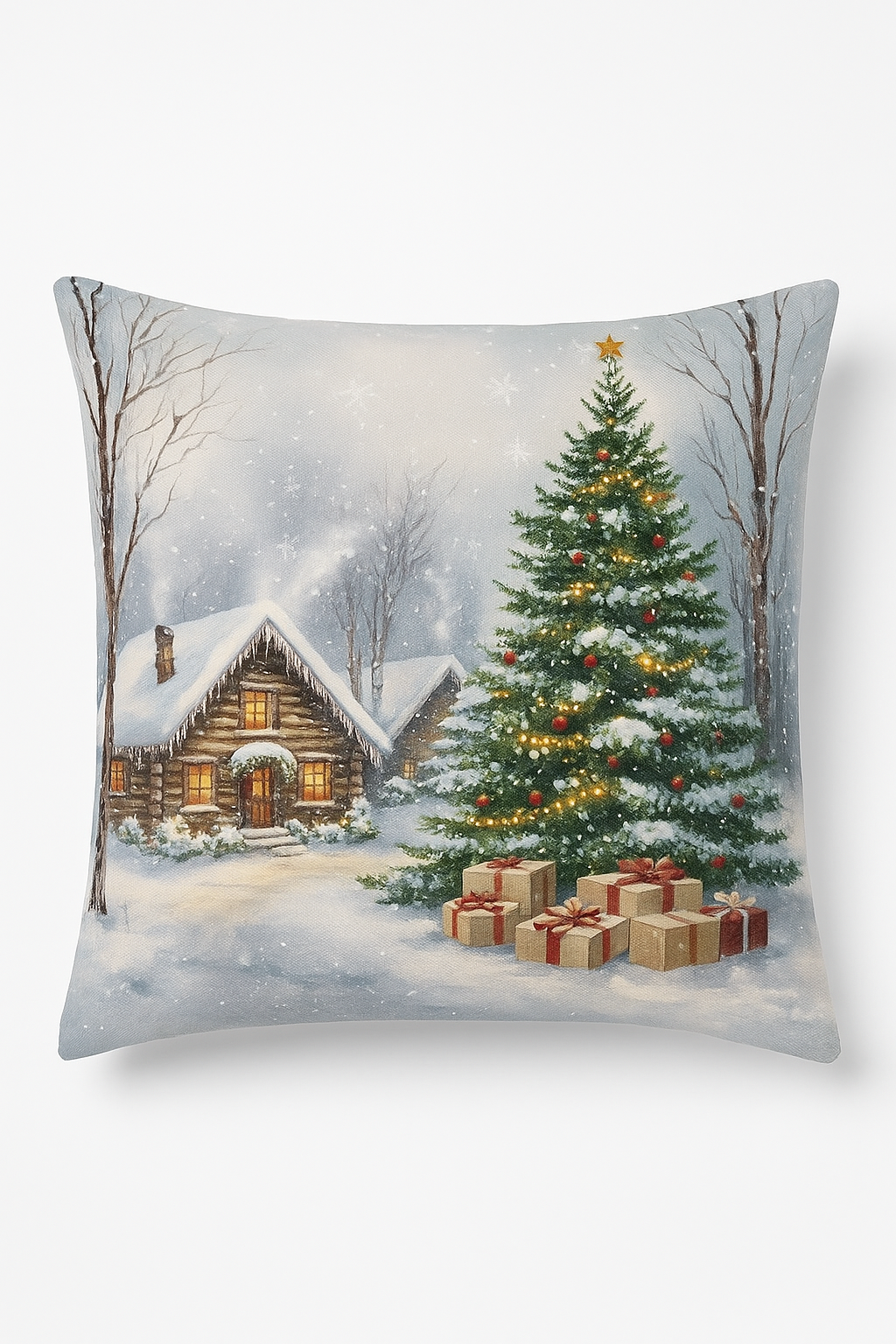 housse de coussin motif père noël et chalet enneigé
