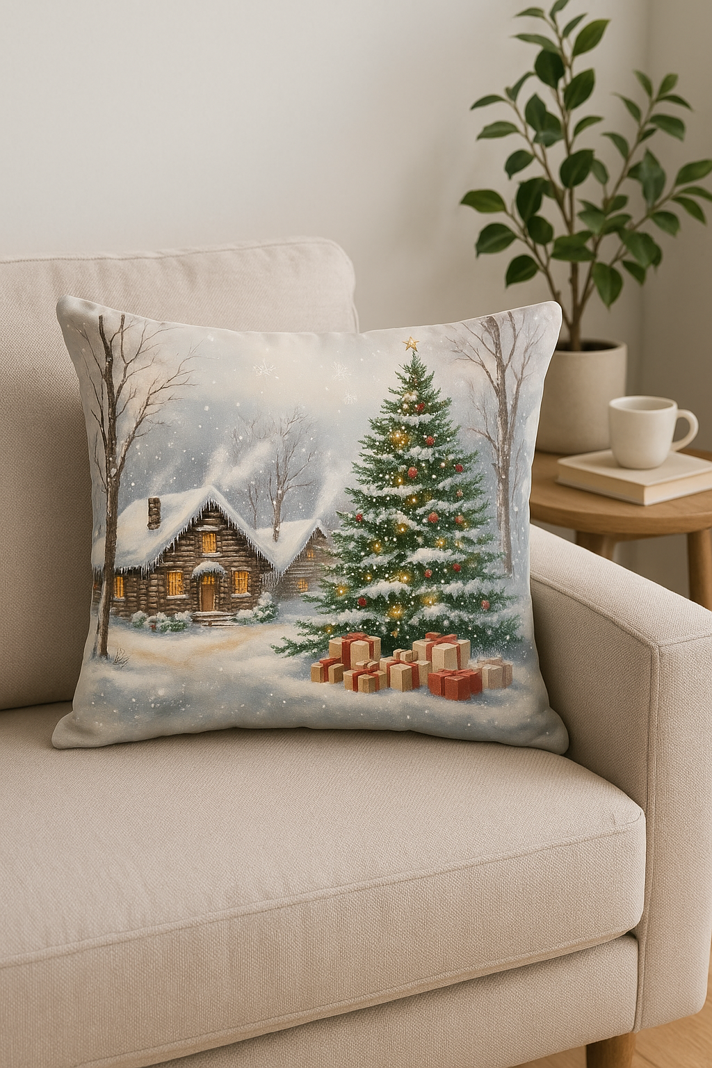 housse de coussin motif père noël et chalet enneigé - vue 3 sur 2