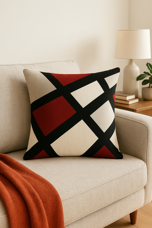 housse de coussin noire et rouge à motif géométrique - vue 2 sur 2