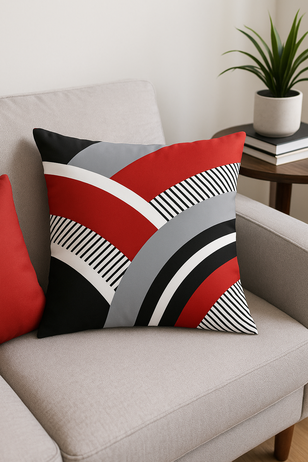 housse de coussin noire et rouge motif géométrique moderne