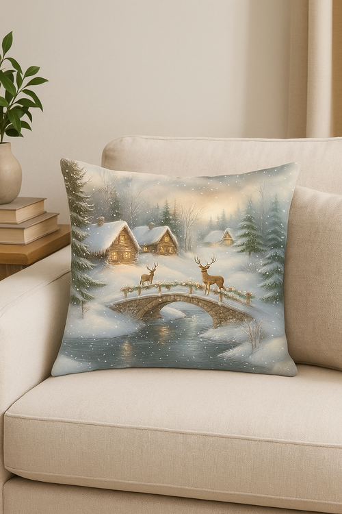 housse de coussin père noël et chalet en hiver - vue 2 sur 2