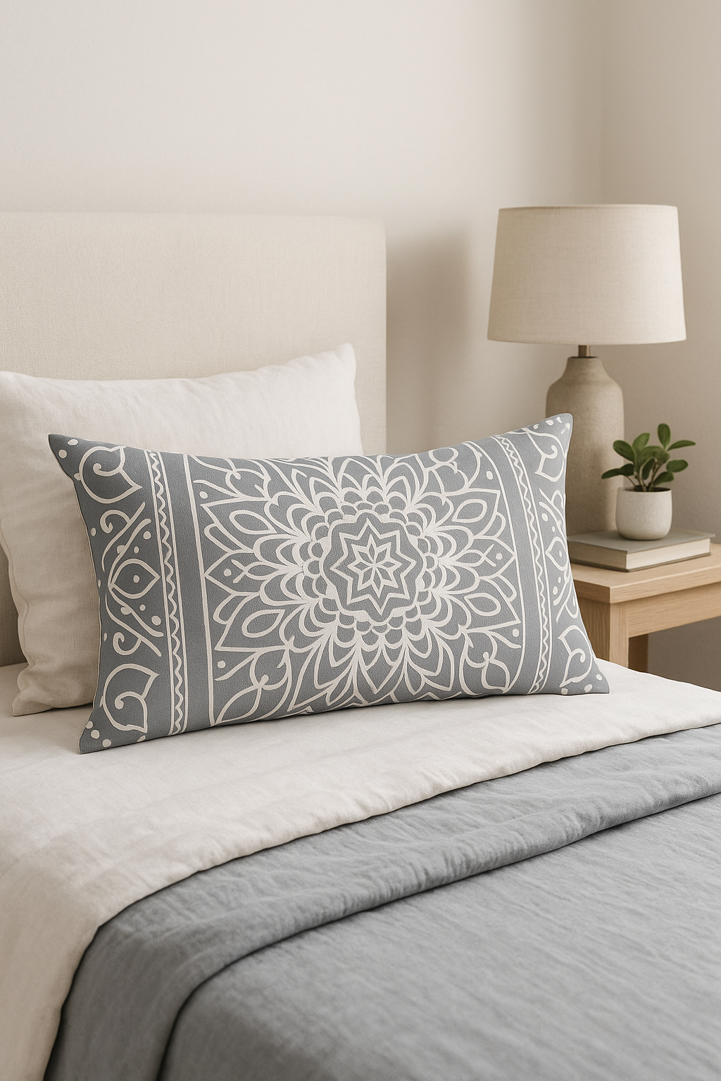 housse de coussin rectangulaire gris motif géométrique décoratif - vue 3 sur 2
