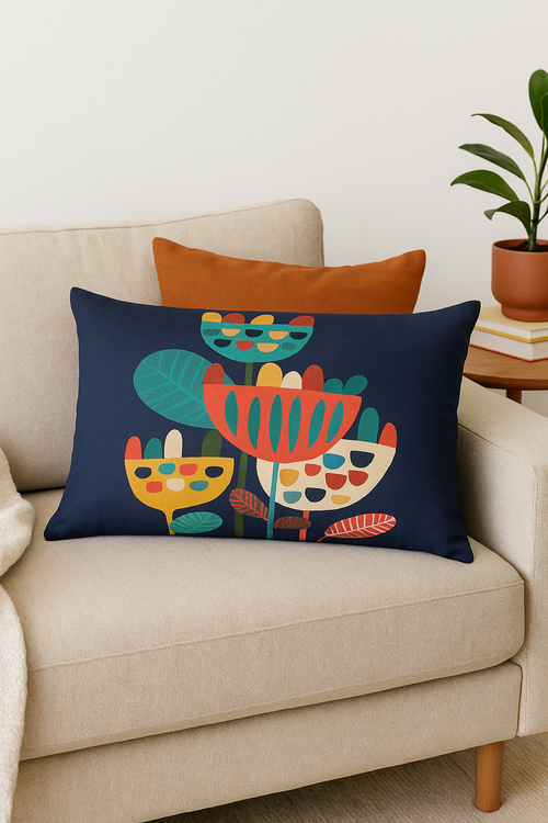 housse de coussin rectangulaire motif géométrique arc-en-ciel et végétal