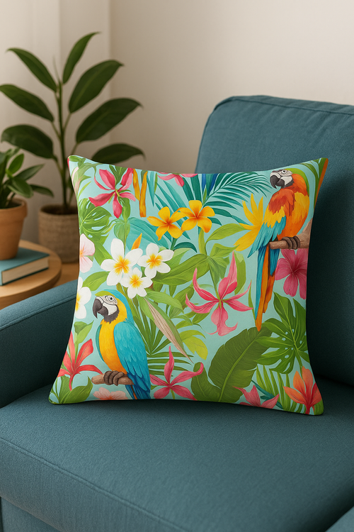housse de coussin tropical avec motif perroquet coloré - vue 2 sur 2